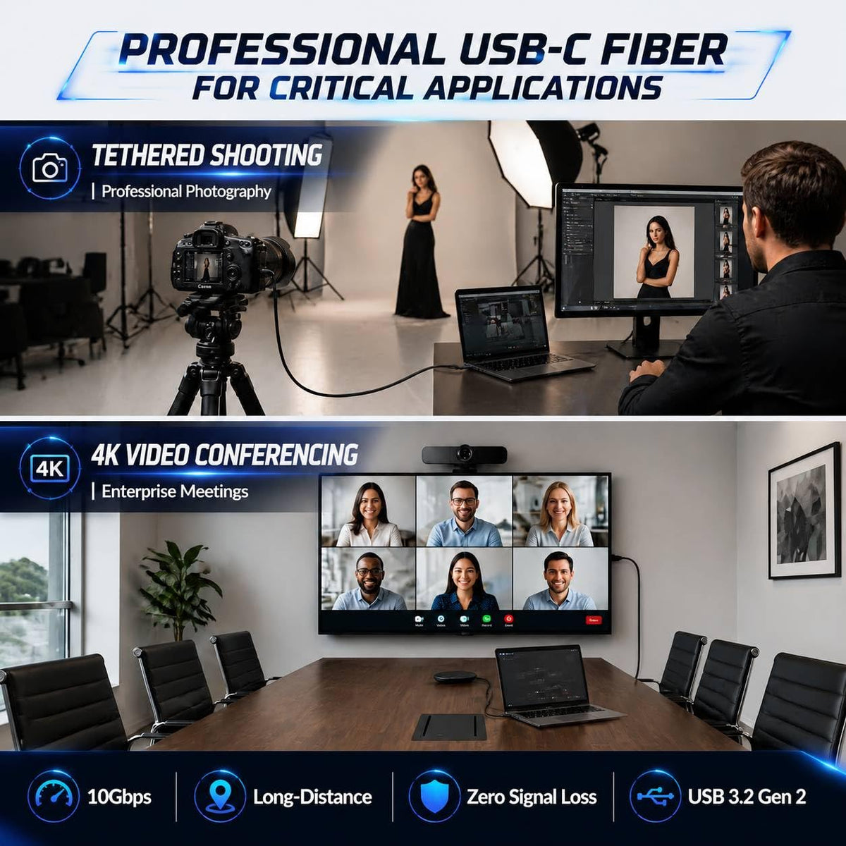 USB A to USB C Fiber Optic Cable