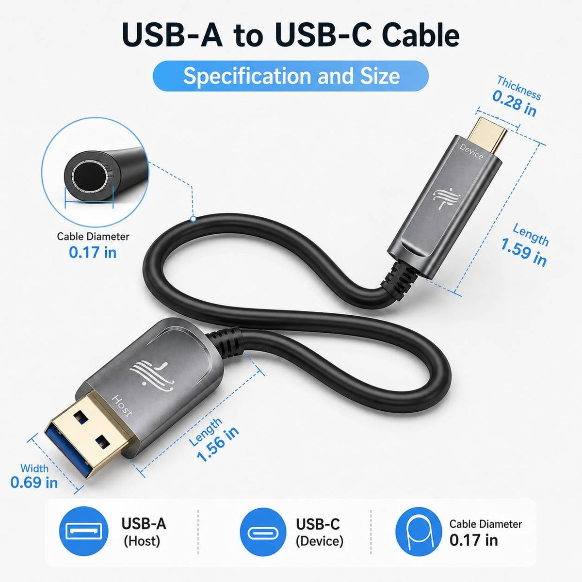 USB A to USB C Fiber Optic Cable